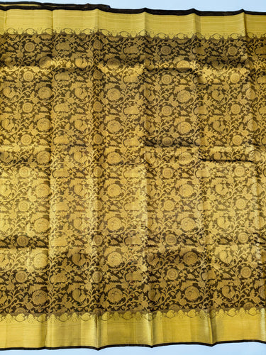 ShopNaya Exclusive | Brocade Kanchipuram Pure Silk Saree | Metallic Black | Pure Gold Zari | Handwoven | Ships from California